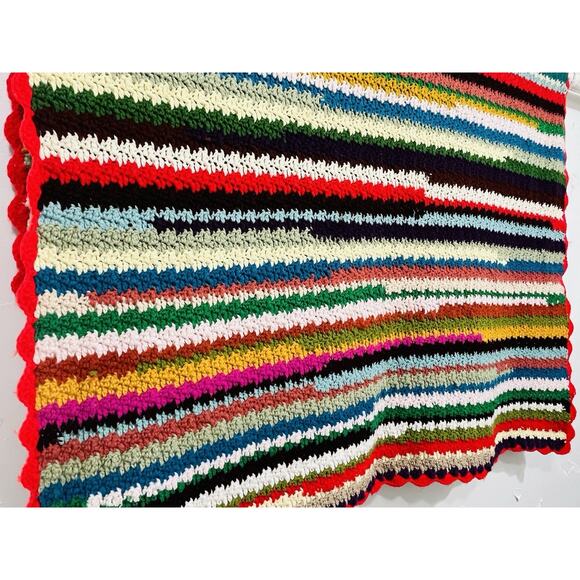 Vtg Rainbow Afghan Crochet Blanket Handmade Cottagecore Scalloped Edge Boho Prid - Picture 3 of 11